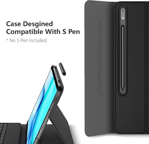 حافظة لوحة مفاتيح Galaxy Tab S8 Plus/ S7 Plus، قابلة للفصل لاسلكيًا، غطاء حامل من جلد البولي يوريثان، قابل لإعادة الشحن عبر USB صغير، حافظة لوحة مفاتيح لهاتف Samsung Galaxy Tab S8+ 2022، S7+ 2020 12.4 بوصة، أسود in Kuwait