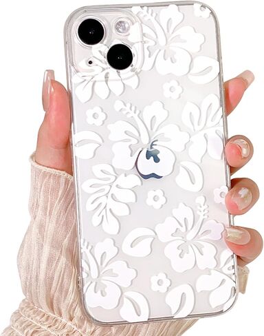 متوافق مع حافظة iPhone 14، تصميم جميل مطبوع عليه زهرة الكركديه الشفافة والزهور للفتيات والنساء، ناعم من مادة TPU الواقية ضد الصدمات لهاتف iPhone 14-White in Kuwait