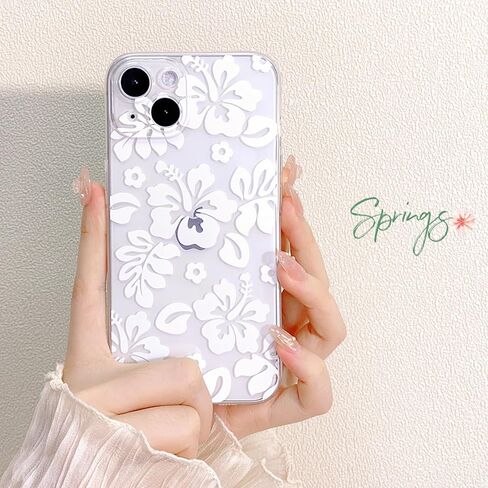 متوافق مع حافظة iPhone 14، تصميم جميل مطبوع عليه زهرة الكركديه الشفافة والزهور للفتيات والنساء، ناعم من مادة TPU الواقية ضد الصدمات لهاتف iPhone 14-White in Kuwait