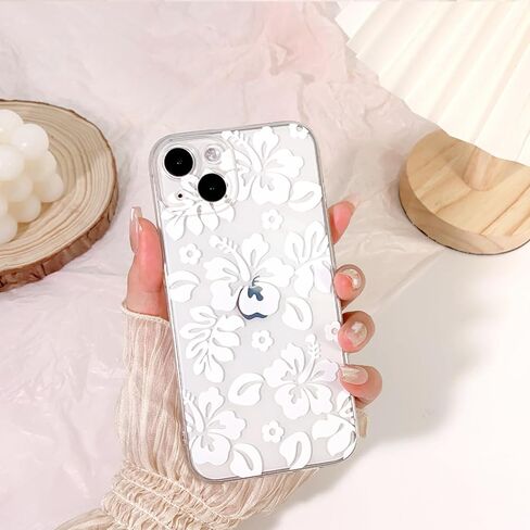 متوافق مع حافظة iPhone 14، تصميم جميل مطبوع عليه زهرة الكركديه الشفافة والزهور للفتيات والنساء، ناعم من مادة TPU الواقية ضد الصدمات لهاتف iPhone 14-White in Kuwait