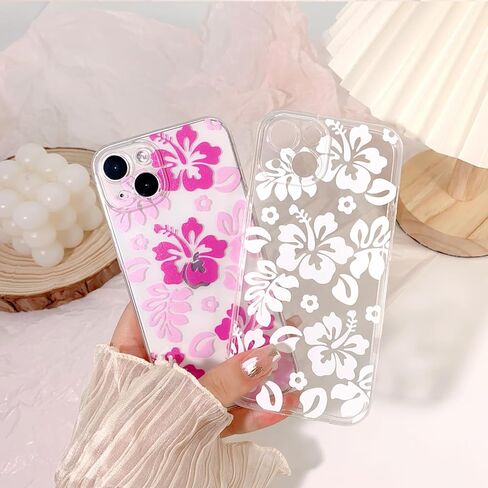 متوافق مع حافظة iPhone 14، تصميم جميل مطبوع عليه زهرة الكركديه الشفافة والزهور للفتيات والنساء، ناعم من مادة TPU الواقية ضد الصدمات لهاتف iPhone 14-White in Kuwait