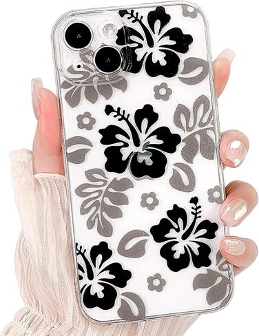 متوافق مع حافظة iPhone 14، تصميم جميل مطبوع عليه زهرة الكركديه الشفافة والزهور للفتيات والنساء، ناعم من مادة TPU الواقية ضد الصدمات لهاتف iPhone 14-White in Kuwait