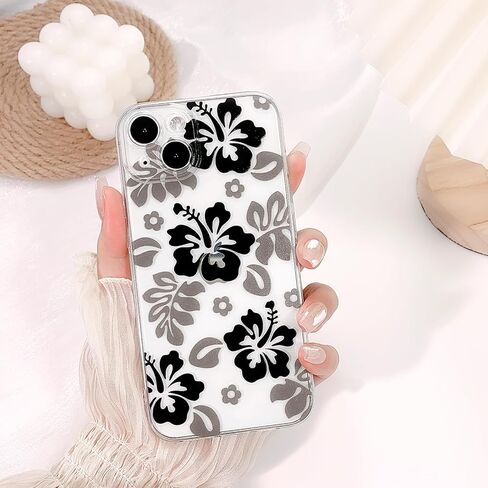 متوافق مع حافظة iPhone 14، تصميم جميل مطبوع عليه زهرة الكركديه الشفافة والزهور للفتيات والنساء، ناعم من مادة TPU الواقية ضد الصدمات لهاتف iPhone 14-White in Kuwait