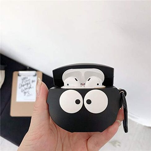 حافظة متوافقة مع AirPods 1/2، حافظة لطيفة للغاية ومبتكرة ومضحكة ذات عيون كبيرة سوداء اللون على شكل قزم غبار، غلاف حماية أنيق لسماعات الأذن من السيليكون + خطاف in Kuwait