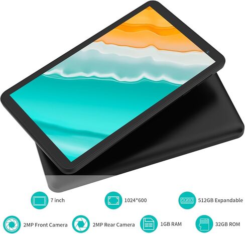 تابلت 7 بوصة تابلت أندرويد مع حافظة جلدية، ذاكرة وصول عشوائي 1 جيجا بايت روم 32 جيجا بايت، توسيع 512 جيجا بايت، تابلت مزود بكاميرا مزدوجة، واي فاي، بلوتوث، شاشة لمس عالية الدقة، معتمد من GMS، خفيف الوزن ومحمول in Kuwait
