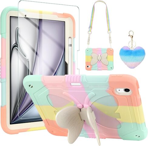 WESADN for iPad Air 11 Inch Case M2(2024) for Kids Girls with Screen Protector Butterfly Kickstand Lanyard Keychain Pencil Holder Heavy Duty Shockproof Cover for iPad Air 6th Generation Rose Gold in Saudi Arabia