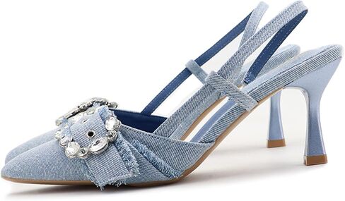 Women's Rhinestone Slingback Denim Kitten Heels,Sexy Closed Pointed Toe Slip On Comfortable Low Heel Dress Pumps for Wedding Party Evening in Saudi Arabia