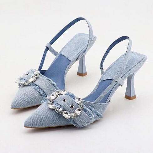 Women's Rhinestone Slingback Denim Kitten Heels,Sexy Closed Pointed Toe Slip On Comfortable Low Heel Dress Pumps for Wedding Party Evening in Saudi Arabia