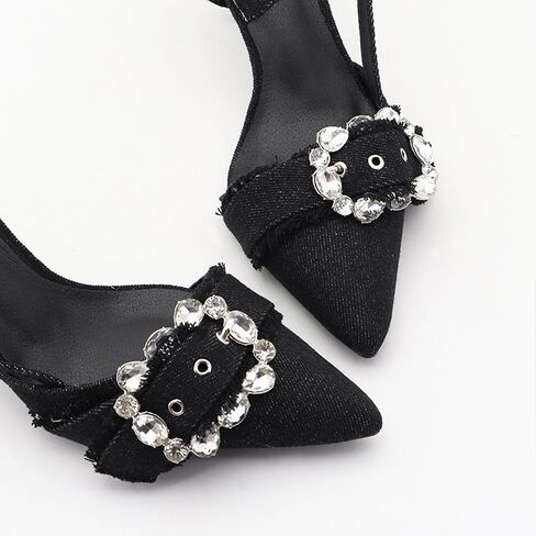 Women's Rhinestone Slingback Denim Kitten Heels,Sexy Closed Pointed Toe Slip On Comfortable Low Heel Dress Pumps for Wedding Party Evening in Saudi Arabia