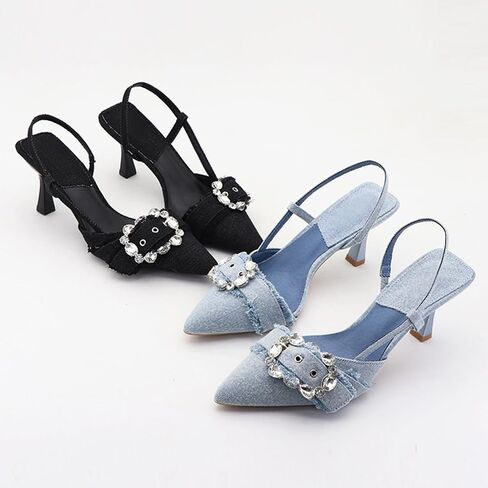 Women's Rhinestone Slingback Denim Kitten Heels,Sexy Closed Pointed Toe Slip On Comfortable Low Heel Dress Pumps for Wedding Party Evening in Saudi Arabia