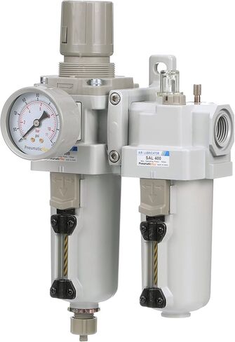 PneumaticPlus SAU410-N04G-MEP منظم فلتر الهواء المضغوط مجموعة التشحيم على الظهر 1/2 بوصة NPT - وعاء معدني، تصريف يدوي، دعامة، مقياس in Kuwait