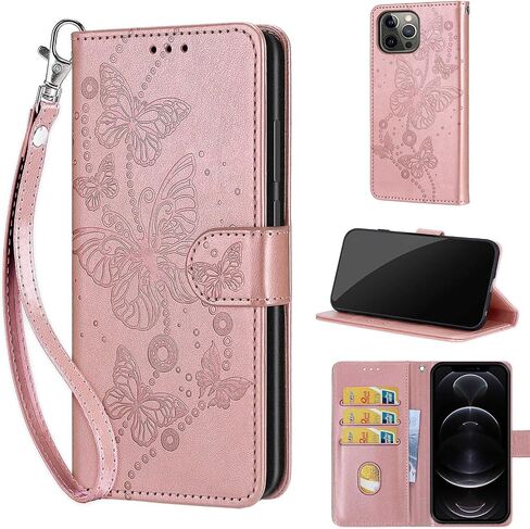 Designed for iPhone 13 Pro Case Wallet,Women Flip Folio Cover with Embossed PU Leather Stand Credit Card Holders Slots Wrist Strap Phone Case for iPhone 13 Pro 6.1 Inch (Rose Gold Butterfly) in Kuwait