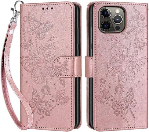 Designed for iPhone 13 Pro Case Wallet,Women Flip Folio Cover with Embossed PU Leather Stand Credit Card Holders Slots Wrist Strap Phone Case for iPhone 13 Pro 6.1 Inch (Rose Gold Butterfly) in Kuwait