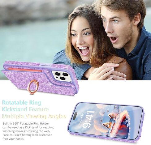 for iPhone 14 Pro Max Wallet Case,with Credit Card Holder [Screen Protector+Camera Lens Protector] Glitter 360°Ring Stand Flip Phone Case RFID Blocking Protective Cover for 14 Pro Max,Pink in Saudi Arabia