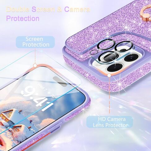 for iPhone 14 Pro Max Wallet Case,with Credit Card Holder [Screen Protector+Camera Lens Protector] Glitter 360°Ring Stand Flip Phone Case RFID Blocking Protective Cover for 14 Pro Max,Pink in Saudi Arabia