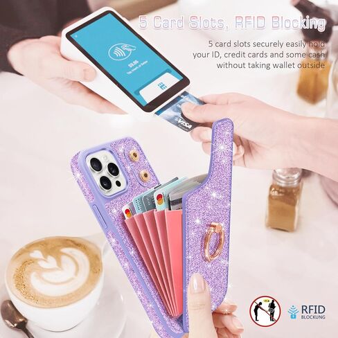 for iPhone 14 Pro Max Wallet Case,with Credit Card Holder [Screen Protector+Camera Lens Protector] Glitter 360°Ring Stand Flip Phone Case RFID Blocking Protective Cover for 14 Pro Max,Pink in Saudi Arabia