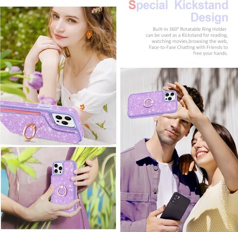 for iPhone 14 Pro Max Wallet Case,with Credit Card Holder [Screen Protector+Camera Lens Protector] Glitter 360°Ring Stand Flip Phone Case RFID Blocking Protective Cover for 14 Pro Max,Pink in Saudi Arabia