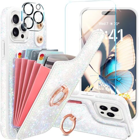 for iPhone 14 Pro Max Wallet Case,with Credit Card Holder [Screen Protector+Camera Lens Protector] Glitter 360°Ring Stand Flip Phone Case RFID Blocking Protective Cover for 14 Pro Max,Pink in Saudi Arabia