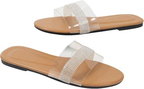 GORGLITTER Women's Clear Rhinestone Slide Flat Sandals Clear Slip On Open Toe Sandals in Saudi Arabia