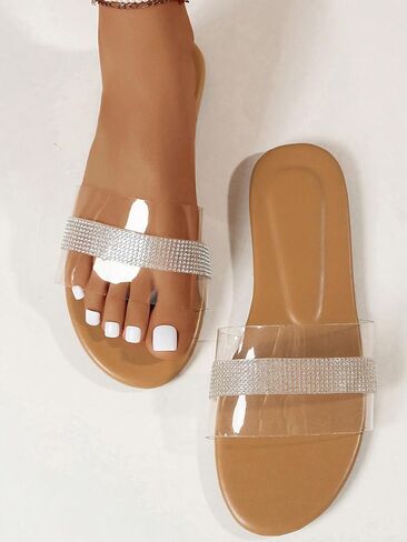 GORGLITTER Women's Clear Rhinestone Slide Flat Sandals Clear Slip On Open Toe Sandals in Saudi Arabia