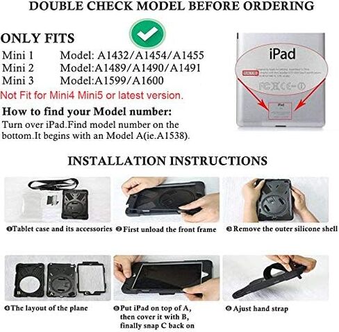 iPad Mini Case/iPad Mini 2 Case/iPad Mini 3 Case for Kids 7.9" | iPad Mini 1 2 3 Case Rugged Shockproof | Case w/Stand Hand Strap Shoulder Strap for iPad Mini 1st 2nd 3rd Generation | Black in Kuwait