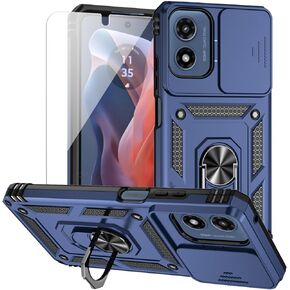 for Motorola Moto G 5G 2024 / Moto G Play 5G 2024 Case with Camera Lens Cover HD Screen Protector, Dual Layer Military-Grade Drop Tested Magnetic Ring Holder Kickstand Protective Phone Case (Navy)