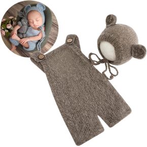 Zeroest Newborn Baby Boy Girl Photography Props Bear Romper Hat Outfits Crochet Kint Handmade Cap Set for Newborn Photo Shoot