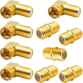 10 Pack 90 Degree Coaxial Cable Connector and RG6 Coax Cable Extender, F-Type Right Angle Male to Female Adapter and Female to Female Connector Gold Plated Adapter for TV Cables