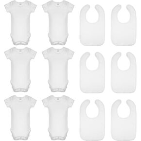 12 Pcs Unisex Cotton White Baby Short Sleeve Bodysuits Drool Bibs Set DIY Sublimation Blank Newborn Baby Clothes for Girl Boy Baby Shower, 0-3 Months in Kuwait