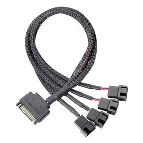 GELRHONR SATA cooler fan adapter cable，15 Pin SATA to 4 x 3 pin / 4 pin Fan Splitter Cable,15 Pin Male SATA to 3 Pin or 4 Pin Computer PC Case Fan Y Power Adapter Cable - 1.1Ft (Black- 1 to 4)