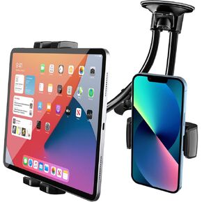 Tablet Mount Phone Holder for Car, Double Gooseneck Long Arm 2 Clamps Car iPad Holder for Windshield, Window Strong Suction Cup Phone Tablet Holder for Car Truck for iPhone iPad Pro Air Mini 4.7-12.9"