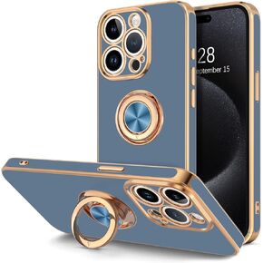 Hython Case for iPhone 15 Pro Max Case with Ring Stand, 360° Rotatable Ring Holder Magnetic Kickstand, Plating Rose Gold Edge Soft Cover Protective Phone Case for iPhone 15 Pro Max 6.7", White