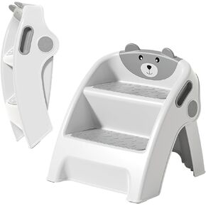 UNCLE WU Step Stool for Kids, Foldable Anti-Slip 2-Step, Lightweight, Safety Handles - Toilet Potty Training, Toddler Ladder Bathroom Sink,Kitchen Counter Stool Helper (Gray White) Small