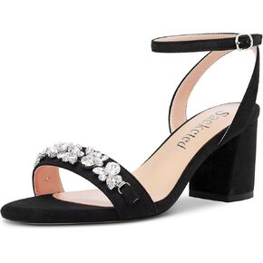 Saekcted Women Chunky Block Mid Heel Peep Open Toe Sandals Ankle Strap Rhinestone Crystal Casual Dress Shoes