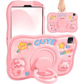 for iPad 10th Generation Case 10.9 Inch - Cute Girls Kawaii Women Girly with 360 Degree Rotating Handle Pig Pretty Silicone Cover 3D Design for Apple for iPad 10th Gen Cases