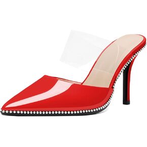 Women's Heeled Mules Stiletto Heel Beaded Sandals Pointed Closed Toe Clear PVC Ankle Strap Fashion Dress Shoes