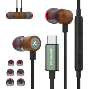 USB C Headphones for iPhone, Type C Earbuds Red Pear Wood Wired HiFi Stereo with Remote & Mic, USB C Earphones Compatible with iPhone 15 Pro Max, Galaxy S23, iPad Pro Device with Type C, Dark Green