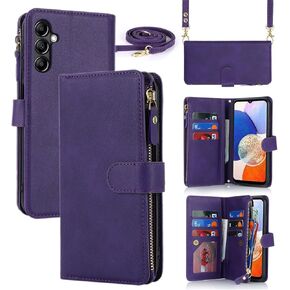 iCoverCase for Samsung Galaxy A14 5G Wallet Case with Card Holder for Women, Crossbody Lanyard Strap Kickstand PU Leather Case with Zipper Pocket Credit Card Slots Cover (Purple)