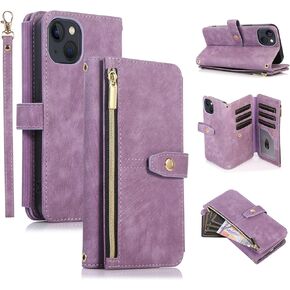 UEEBAI Wallet Case for iPhone 14 Pro Max 6.7 inch, Vintage Premium PU Leather Cover Flip Case with Card Slots Magnetic Closure Zipper Pocket Kickstand Handbag with Hand Strap - Blue