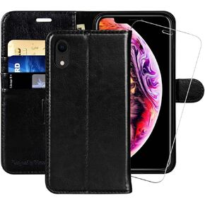 MONASAY Wallet Case Compatible for iPhone XR, 6.1-inch, [Glass Screen Protector Included] [RFID Blocking] Flip Folio Leather Cell Phone Cover with Credit Card Holder, Brown