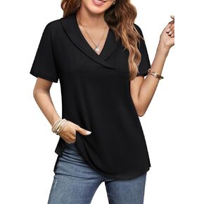 بلوزات نسائية صيفية بياقة على شكل V وأكمام قصيرة تي شيرت تونيك أو بلايز لارتدائها مع طماق ملابس صيفية فضفاضة in Kuwait