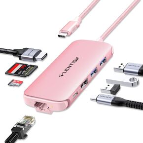 LENTION Ultra-thin USB C Hub with Ethernet, 4K HDMI, 2 USB 3.0, USB 2.0, Card Readers & PD Adapter for 2023-2016 MacBook Pro 13/14/15/16/M1/M2, New Mac Air & Surface, More (CB-C48, Rose Gold)