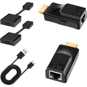 HDMI Extender Over Cat5e/Cat6 Ethernet Signal Transmission 50M/194ft with 1080P@60Hz 3D HDMI Repeater, RJ45 to HDMI Converter with 5V Power Adapter&HDMI Extension Cable
