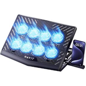 HAVIT Laptop Cooling Pad with 8 Cooling Fans, Laptop Cooler 6 Adjustable Heights for 12-15.6 Inch Laptops, Gaming Laptop Cooling Stand with a Phone Stand Two USB Ports