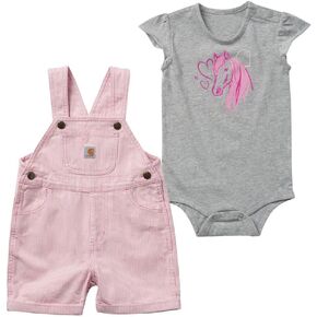 Carhartt Baby Girls' Short-Sleeve Horse Bodysuit & Stripe Shortall Set