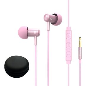Wired Small Earbuds for Kids Women Small Ears with Case & 6 Sizes Covers, Comfortable Lightweight in-Ear Headphones w Microphone & Volume Control, Metal Earphones for Cell Phones Laptop Pink