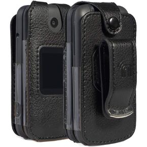 Case for Alcatel Smartflip/Go Flip 3, Nakedcellphone [Black Vegan Leather] Form-Fit Cover with [Built-in Screen Protection] and [Metal Belt Clip] for Alcatel Go Flip 3, Alcatel Smartflip (2019)