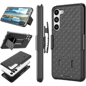 Galaxy S23 Plus Case with Kickstand & Belt Clip Holster, Heavy Duty Shockproof Armor Protective Rugged Woven Pattern Hard Plastic Phone Cover for Samsung Galaxy S23 Plus 6.6" 2023, Black