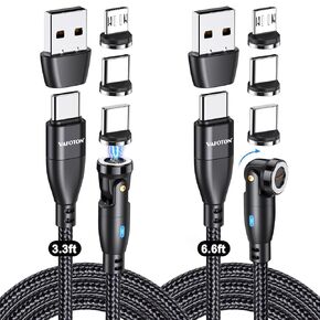 9-Pin 540° Rotating Magnetic Charger Cable , 6 in-1 Magnetic Phone Charger Cable PD 60W/3A Fast Charger Cord USB C to USB C Magnetic Charging Cable for Micro USB/Type C/i-Products (3.3FT+6.6FT)