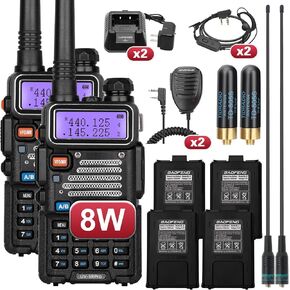Baofeng UV-5R 8W High Power Ham Radio with 4pcs Batteries, Dual Band Long Range Two Way Radio Walkie Talkie Ham Radio Handheld with Earpiece,Speaker Mic,Charger and Antenna Full Kit (2 Pack)